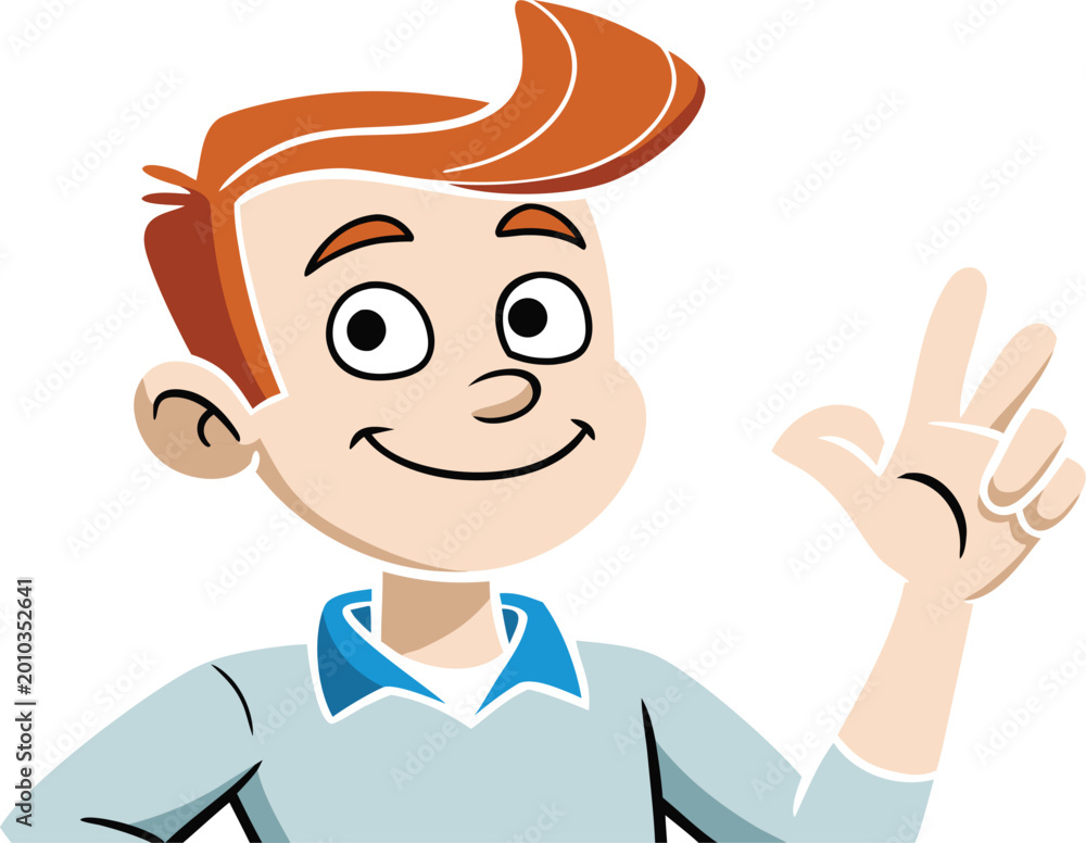 Obraz premium Smiling ginger boy character showing three fingers isolated on transparent background design.