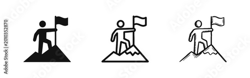 Foto Success and achievement icon set showing a person with a flag on top of a mountain peak in three styles