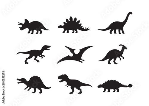 Dinosaur and Jurassic dino monster icons. Vector silhouettes of triceratops or T-rex, brontosaurus or pterodactyl and stegosaurus, pteranodon or ceratosaurus and reptile parasaurolophus