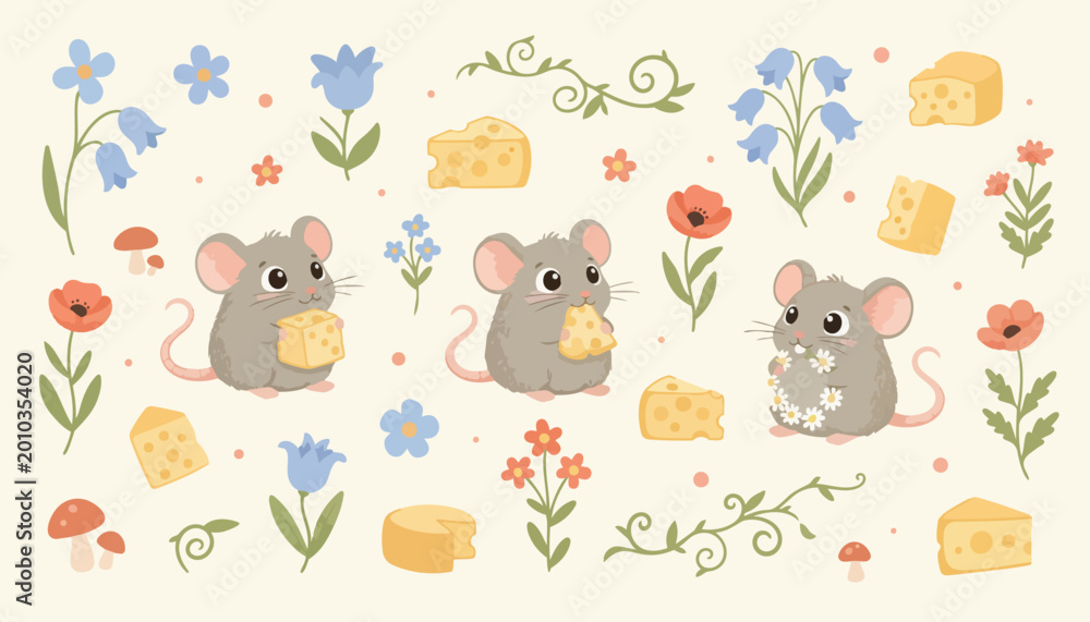 Fototapeta premium Cute Mouse, Cheese, Flowers Cartoon Illustration Vector