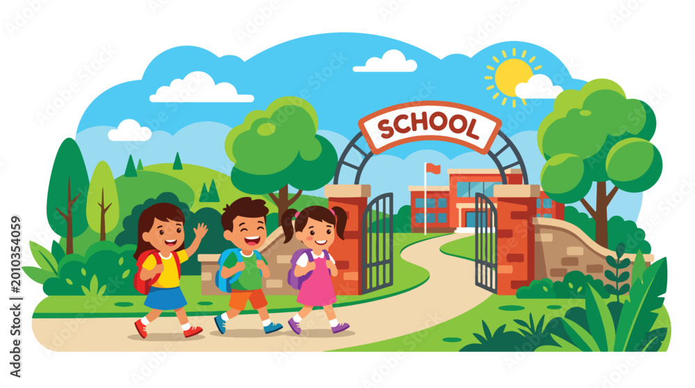 Obraz premium Flat style vector illustration of cheerful kids walking into a school gate with backpacks, bright morning atmosphere, back to school concept
