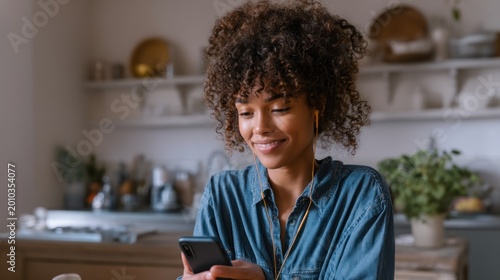 Woman using smartphone kitchen