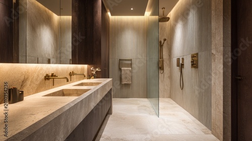 Modern bathroom interior with sinks mirror shower and neutral colors