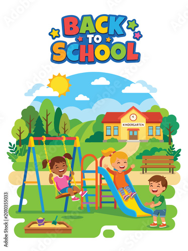 Fotografía Flat style vector illustration of children playing on playground during school r