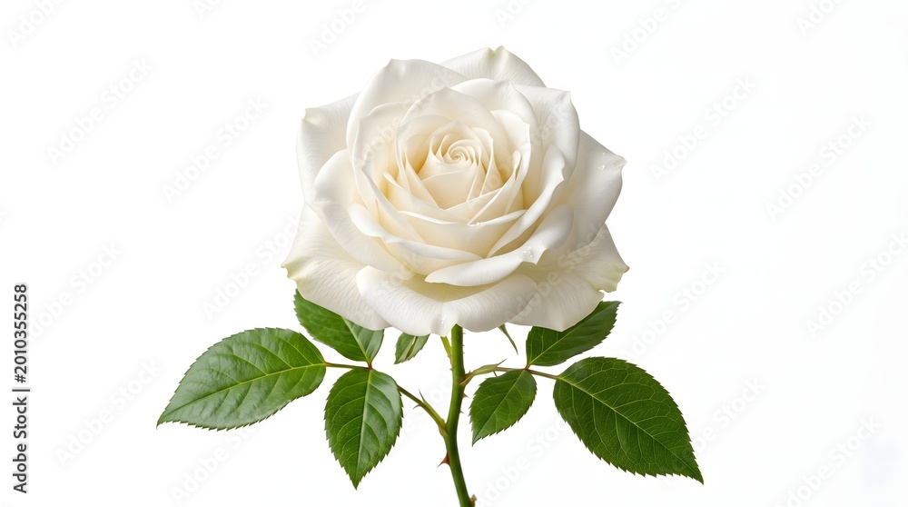Naklejka premium elegant white rose bloom closeup with fresh green leaves on soft background