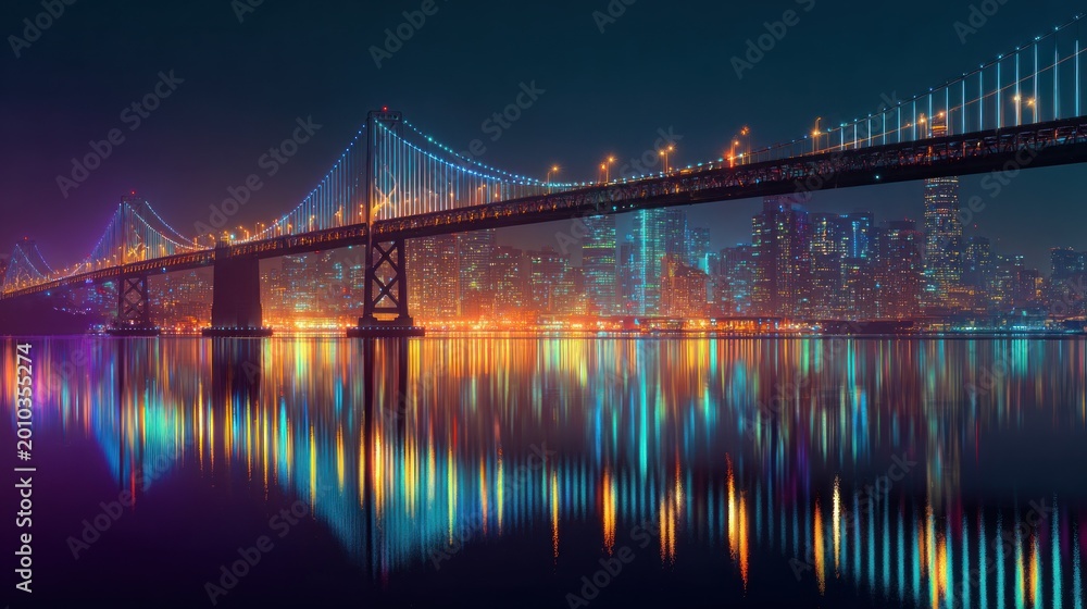 Naklejka premium Nighttime bridge with city lights reflecting in the water below a dark sky
