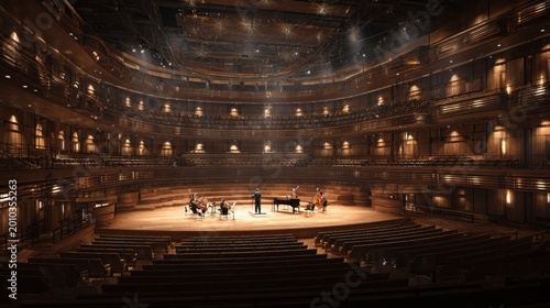 Grand concert hall interior stage orchestra seating and warm lighting