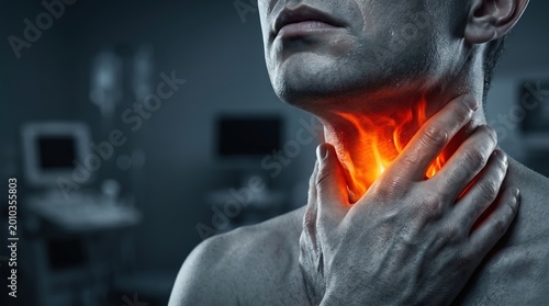 A macro neck with hands pressing throat and inner red glow showing strong pain and inflammation, sore throat concept