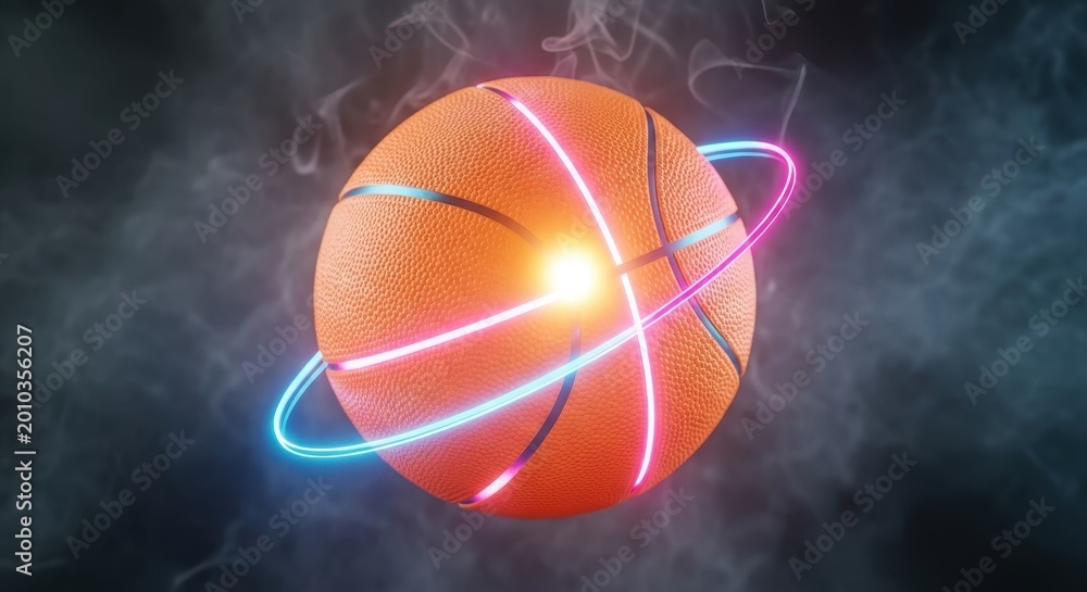 Fototapeta premium Basketball with Neon Rings and Smoke Effects in Dark Background