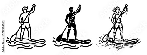 Fotografía Set of Stand Up Paddle Boarding Icons, People Practicing SUP Activity, Black and