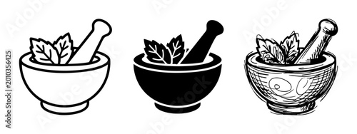 Photos Set of Mortar and Pestle Icons for Apothecary, Herbal Medicine, and Cooking