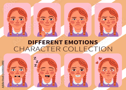 Girl character expressions and emotions collection – Set of 8 flat cartoon vector portraits