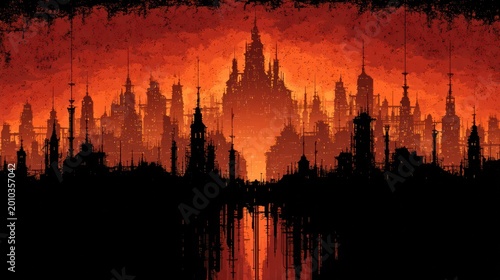 Dramatic silhouette of a city skyline against an ominous orange sky