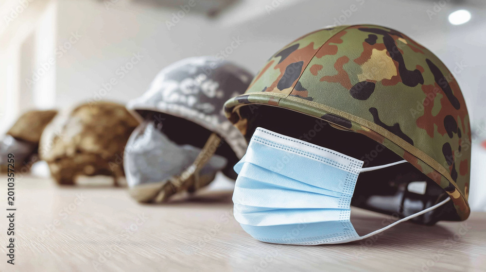 Naklejka premium Military helmet with medical mask symbolizing defense readiness and public health protection during global crisis