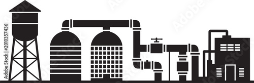 Industrial facility featuring a water tower storage tanks piping and a factory for system and plant