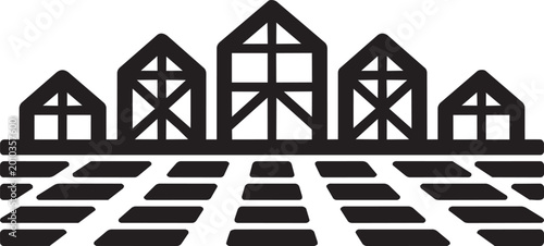 Photos Minimalist buildings in half timbered style over patterned ground for urban desi