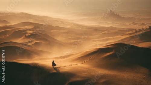Lone figure traversing sand dunes under a hazy golden sky