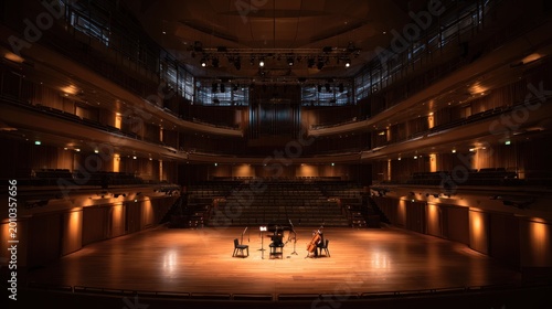 Grand concert hall interior with stage and dim lighting for performance