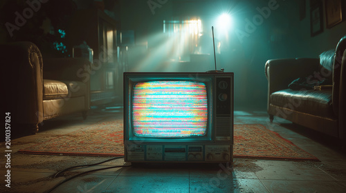 Old television screen showing colorful static interference in a dimly lit, atmospheric room, symbolizing communication loss