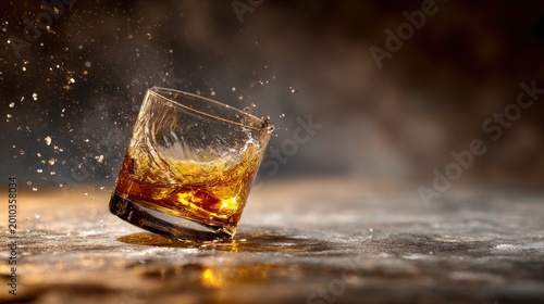Whiskey glass impact splash on a reflective surface amber liquid dark background