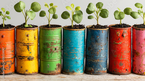 Row of colorful recycled tin cans becoming plant pots with green sprouts growing, symbolizing recycling and sustainable growth