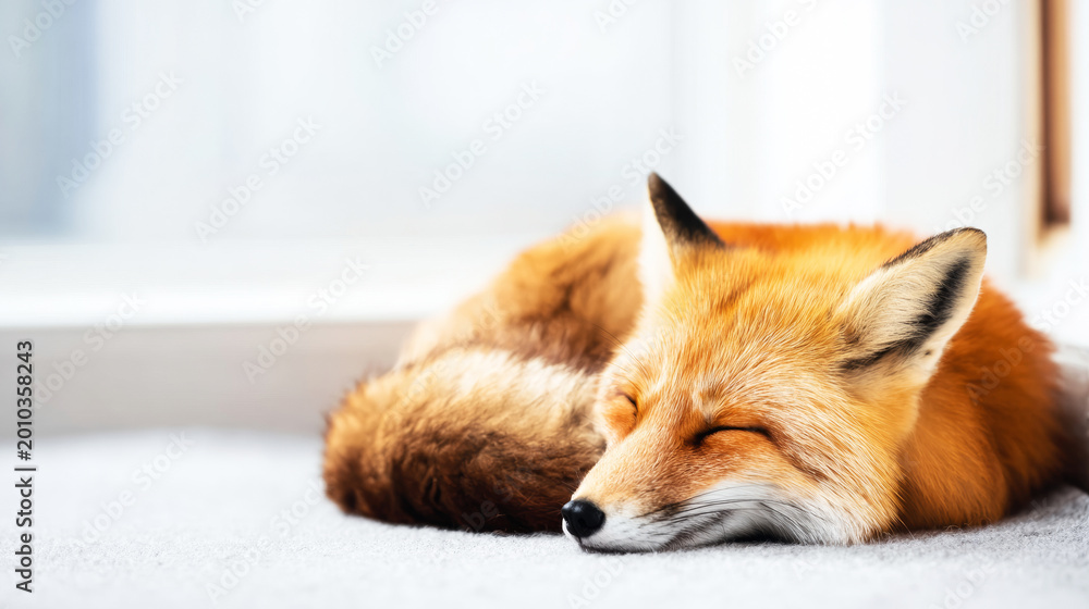 Fototapeta premium Red fox peacefully sleeping, curled on a soft indoor surface with eyes closed, embodying comfort and relaxation