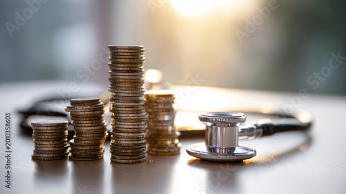 Stethoscope on table with increasing coin stacks representing healthcare costs and financial health management
