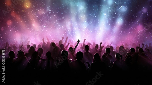 Silhouetted crowd at concert with colorful lighting and stage effects