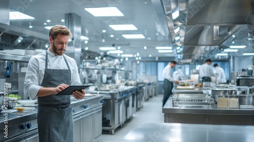 Chef in commercial kitchen using digital tablet for operational tasks