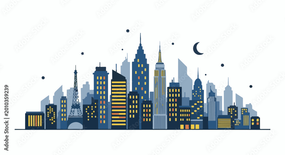 Obraz premium Stylized city skyline at night with iconic tower and crescent moon