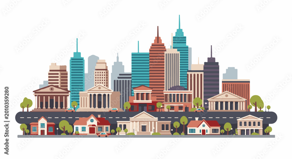 Obraz premium Stylized cityscape with residential homes and public buildings