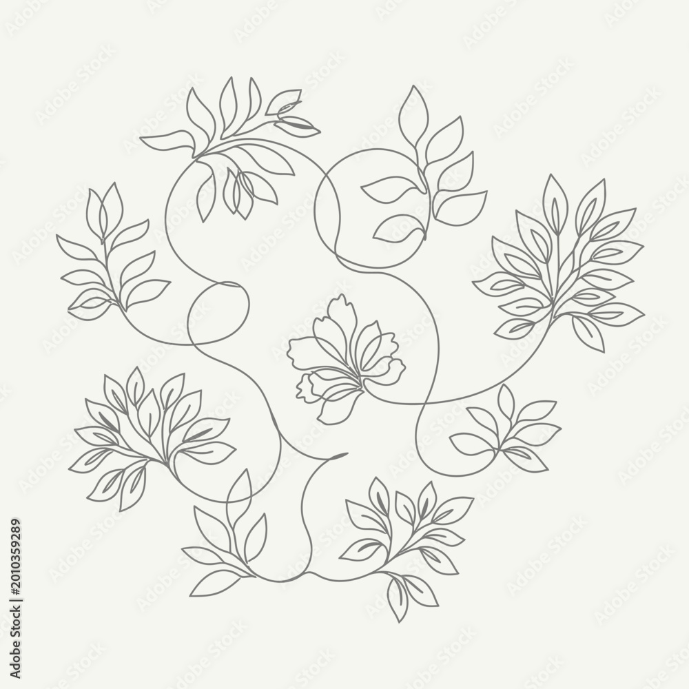 Obraz premium Minimalist floral vine illustration, delicate leaves and flower outline, elegant botanical pattern
