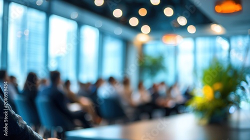 Blurred view of a business presentation in a modern office building setting