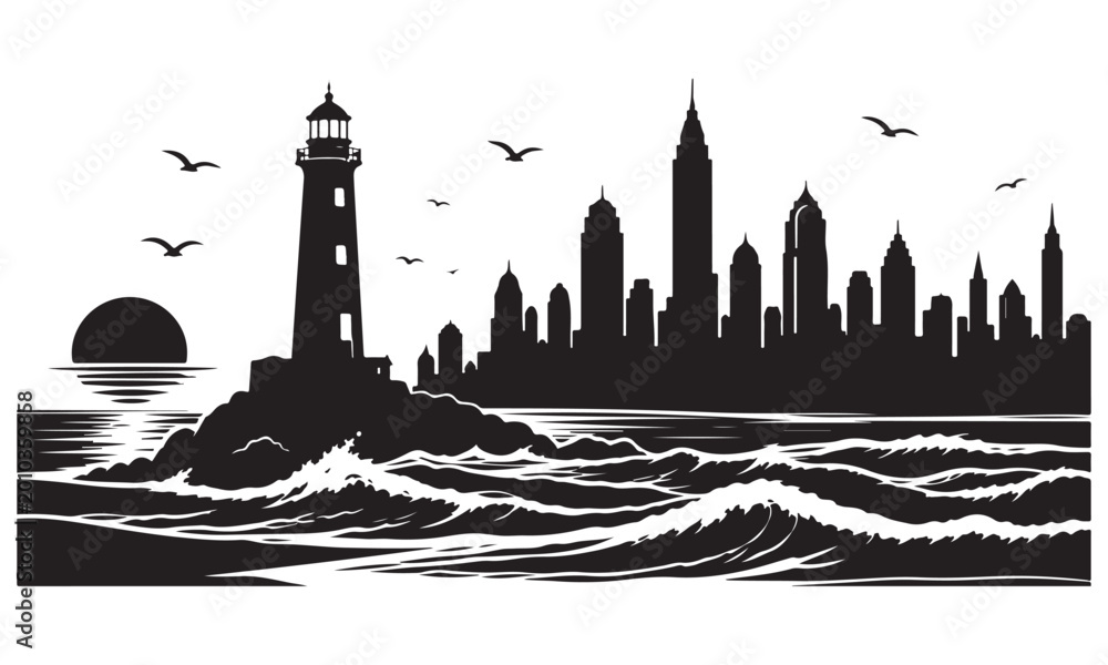Naklejka premium Coastal city lighthouse silhouette, seaside city lighthouse, coastal scene, vector isolated on white