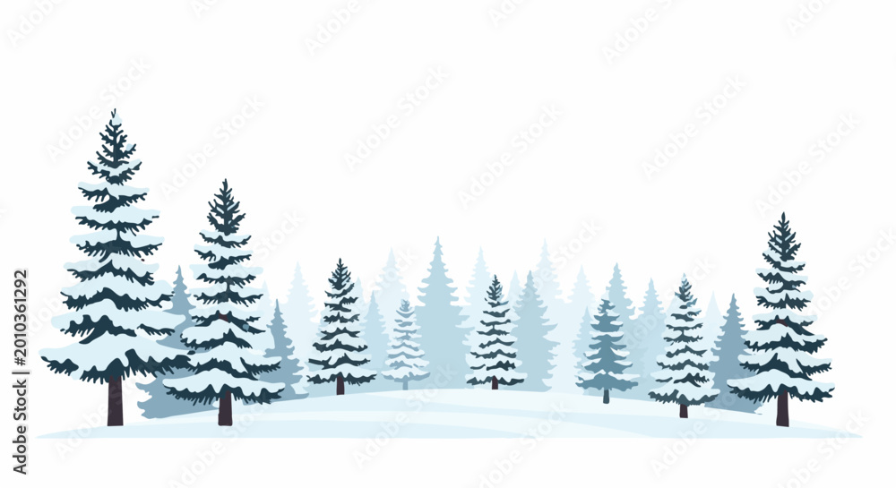 Fototapeta premium Snow-covered evergreen forest silhouetted against a white sky
