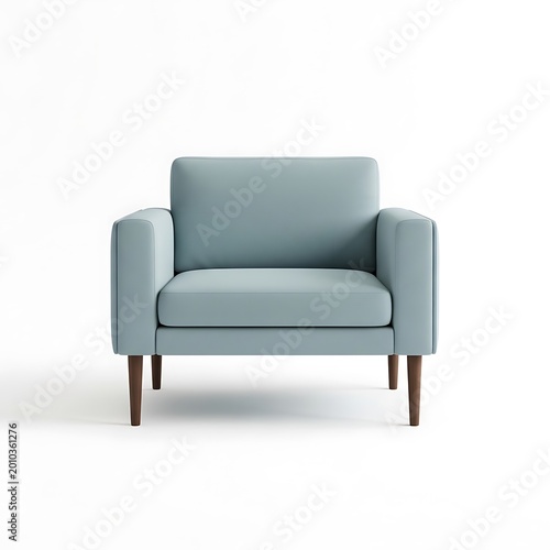 A modern, minimalist armchair is presented against a stark white background. The upholstery is a soft blue. Wooden legs