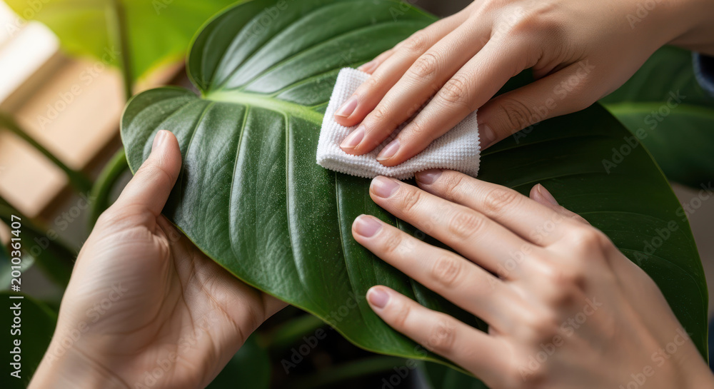 Fototapeta premium Hands carefully cleaning a large green leaf with a soft cloth.