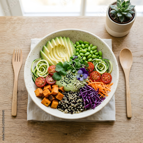 Healthy vegan buddha bowl with avocado, sweet potato, edamame and quinoa on wooden table