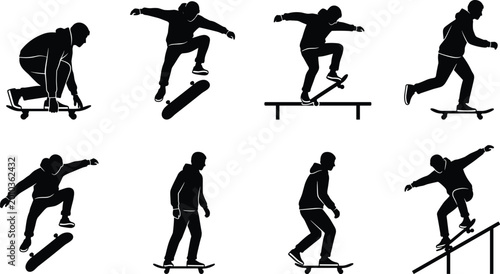 Foto Collection of skateboarder silhouettes performing various tricks including kickf