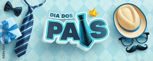 Cuadro en lienzo Happy Father's Day poster in portuguese language with hat,necktie and gift box on blue background