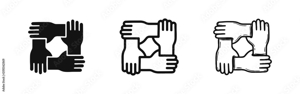 Obraz premium Teamwork and unity icon set featuring interlocking hands in a square format