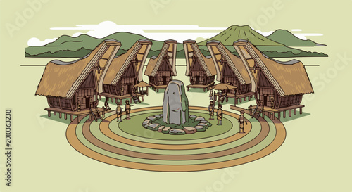 Traditional village with unique houses and communal gathering space