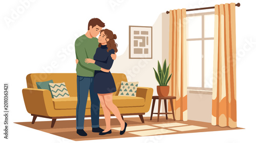 Schilderij op canvas Flat style vector illustration of couple hugging in cozy living room, romantic h