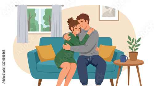 Obraz na płótnie Flat style vector illustration of couple hugging in cozy living room, romantic h
