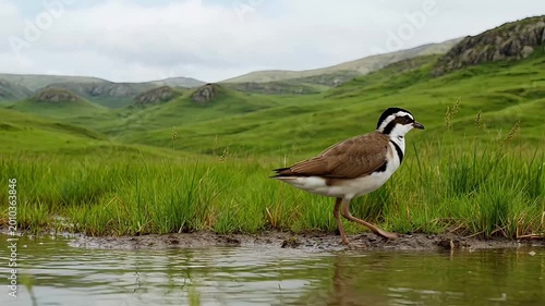 Piping plover standing in shallow water with rolling green hills in background