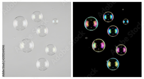 Soap bubbles floating in air with gray and black backgrounds