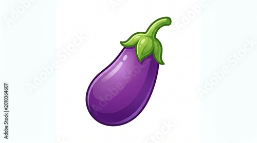 Bright Purple Eggplant Illustration with Green Stem and Leaves on White Background