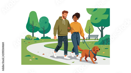 Schilderij op canvas Flat style vector illustration of couple walking dog in park, romantic daily lif