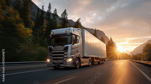 Freightliner on the Open Road: A sleek, modern semi-truck traverses a scenic highway at sunrise, dwarfed by majestic mountains and lush forests, symbolizing commerce and journey