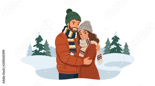 Fotografie Flat style vector illustration of couple hugging in snowy winter landscape, roma
